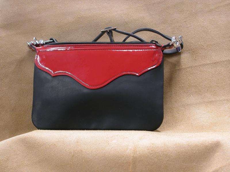 Purse Black With Red Accents, Front, Custom, Full Grain Leather, Hand Made in the Okanagan, Oliver, B.C., Canada.