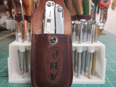 Knife Sheath For Multitool, Custom, Full Grain Leather, Hand tooled, Hand made in the Okanagan, Oliver, B.C., Canada.