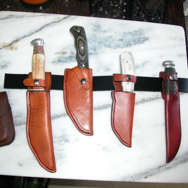 Knife Sheath Assorted, Custom, Full Grain Leather, Hand tooled, Hand made in the Okanagan, Oliver, B.C., Canada.