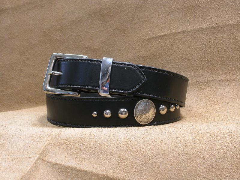 Belt 1 1/2",Studded, Midnight Black Colour, Adjustable, Custom, Full Grain Leather, Hand tooled, Hand Made in the Okanagan, Oliver, B.C., Canada.