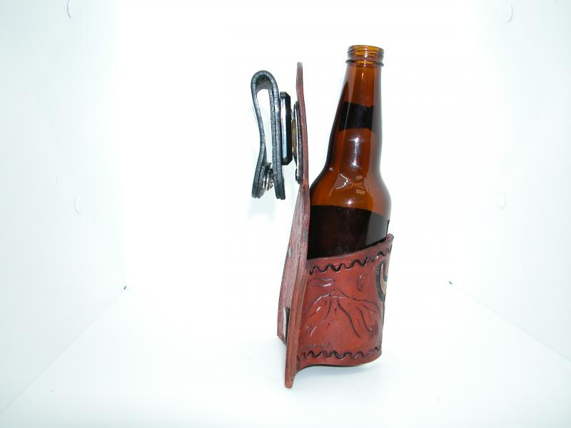 Beer Holster With a Swivel Clip, Custom, Full Grain Leather, Hand tooled, Hand Made in the Okanagan, Oliver, B.C., Canada.