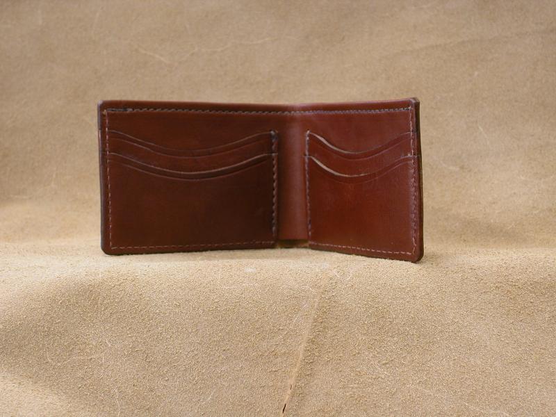 Inside Open, Wallet Bill Fold Style, Ox Blood Colour, Custom, Full Grain Leather, Hand tooled, Hand Made in the Okanagan, Oliver, B.C., Canada.